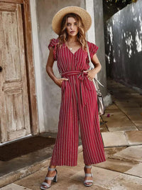 Red Stripe Sleeveless Jumpsuit With V Neckline