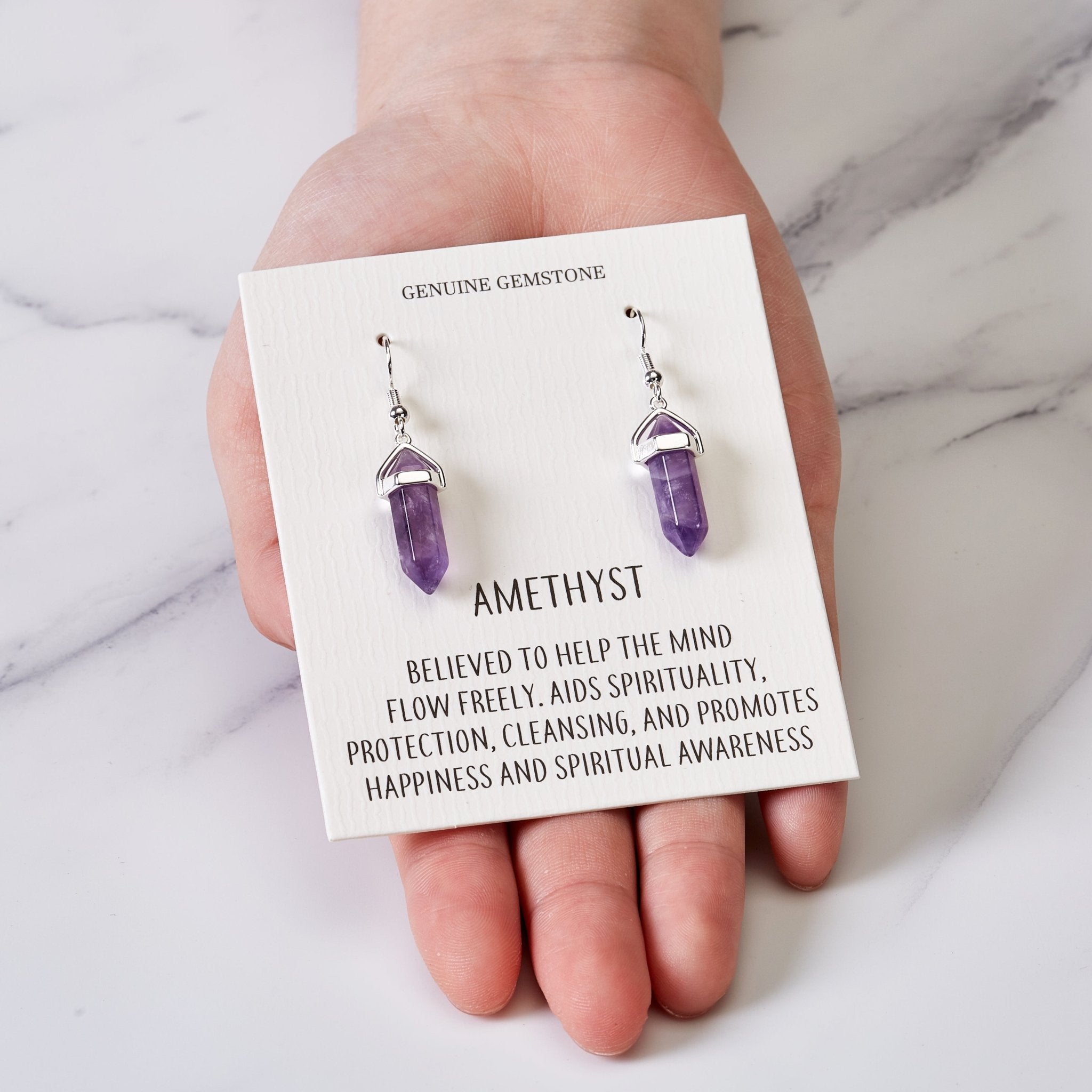 Amethyst Gemstone Drop Earrings with Quote Card