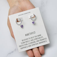 Amethyst Gemstone Heart Charm Hoop Earrings with Quote Card