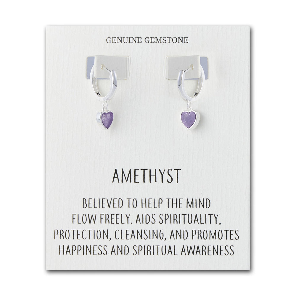 Amethyst Gemstone Heart Charm Hoop Earrings with Quote Card