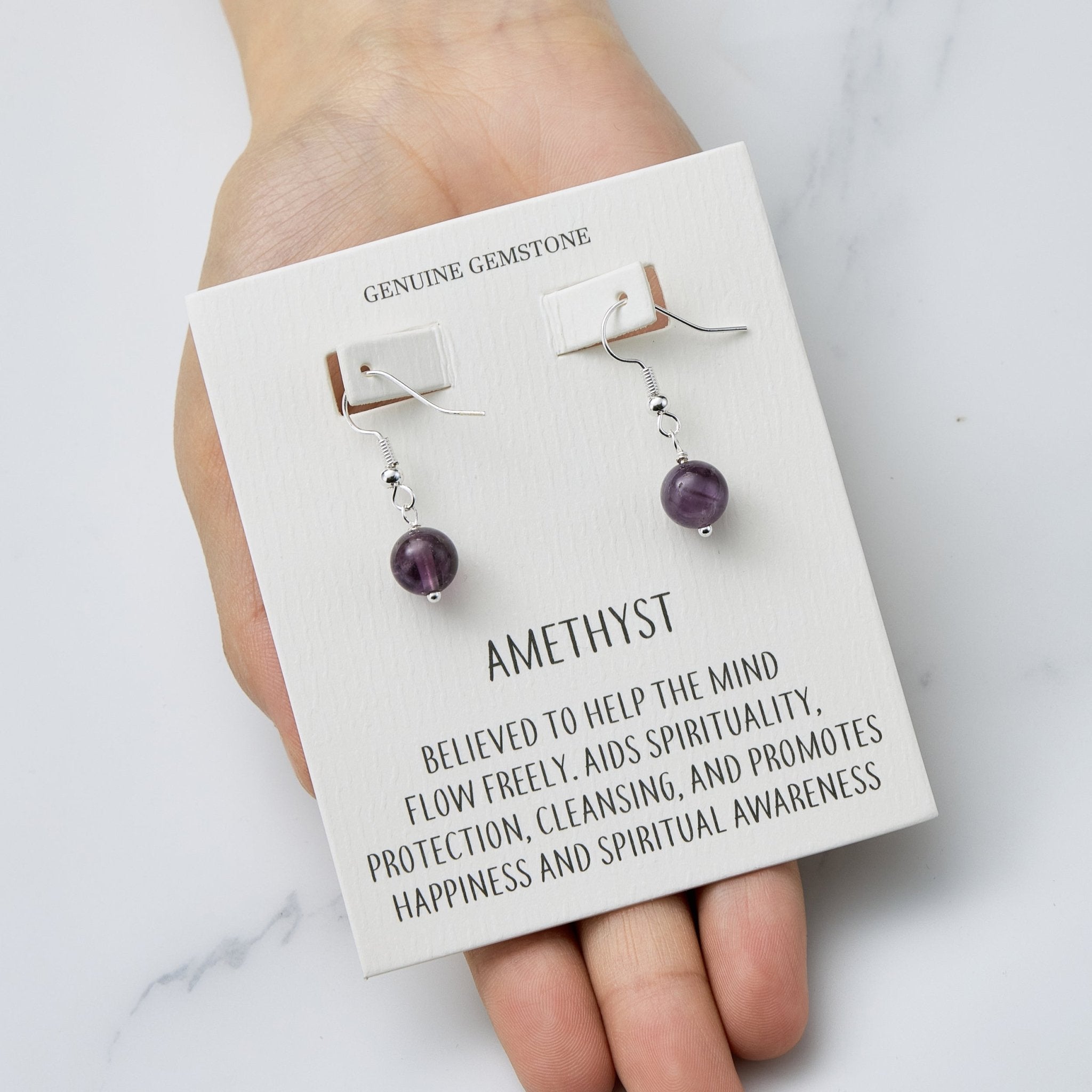 Amethyst Gemstone Round Drop Earrings with Quote Card