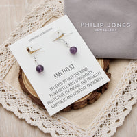 Amethyst Gemstone Round Drop Earrings with Quote Card