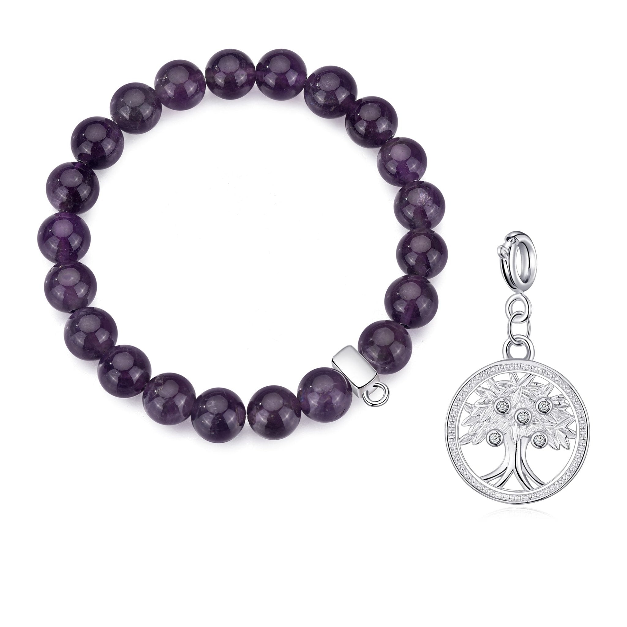 Amethyst Gemstone Stretch Bracelet with Charm Created with Zircondia® Crystals