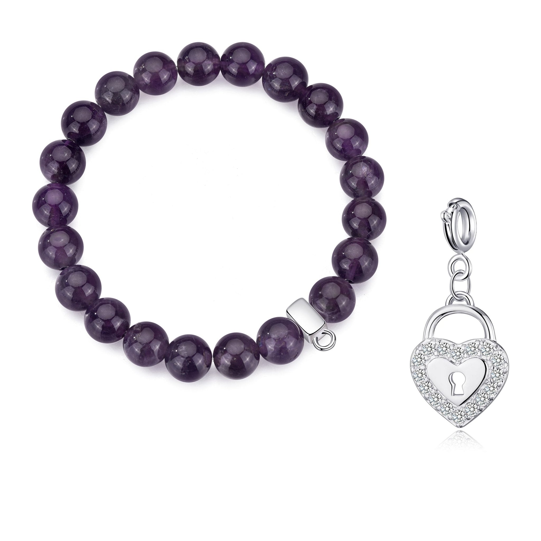 Amethyst Gemstone Stretch Bracelet with Charm Created with Zircondia® Crystals