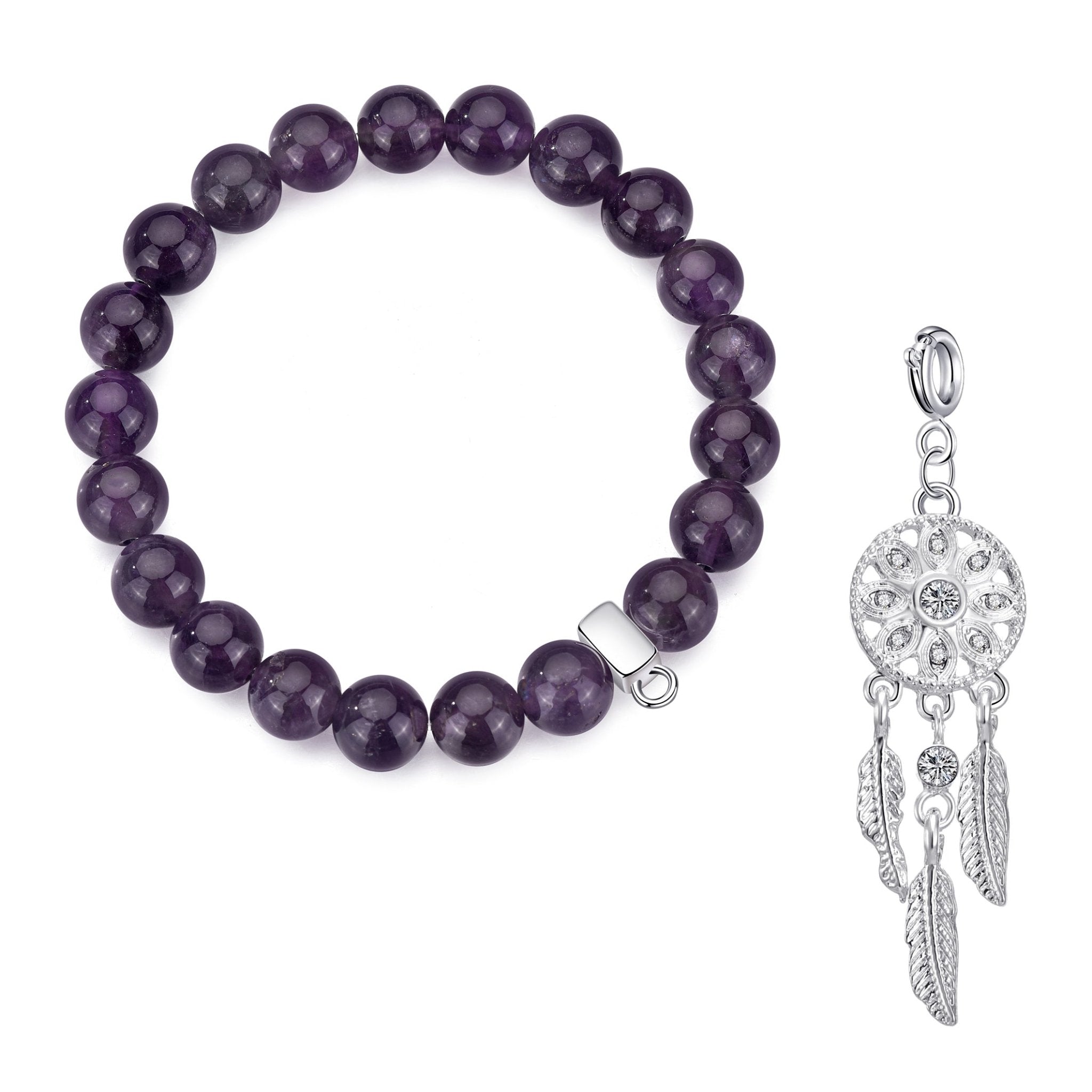 Amethyst Gemstone Stretch Bracelet with Charm Created with Zircondia® Crystals