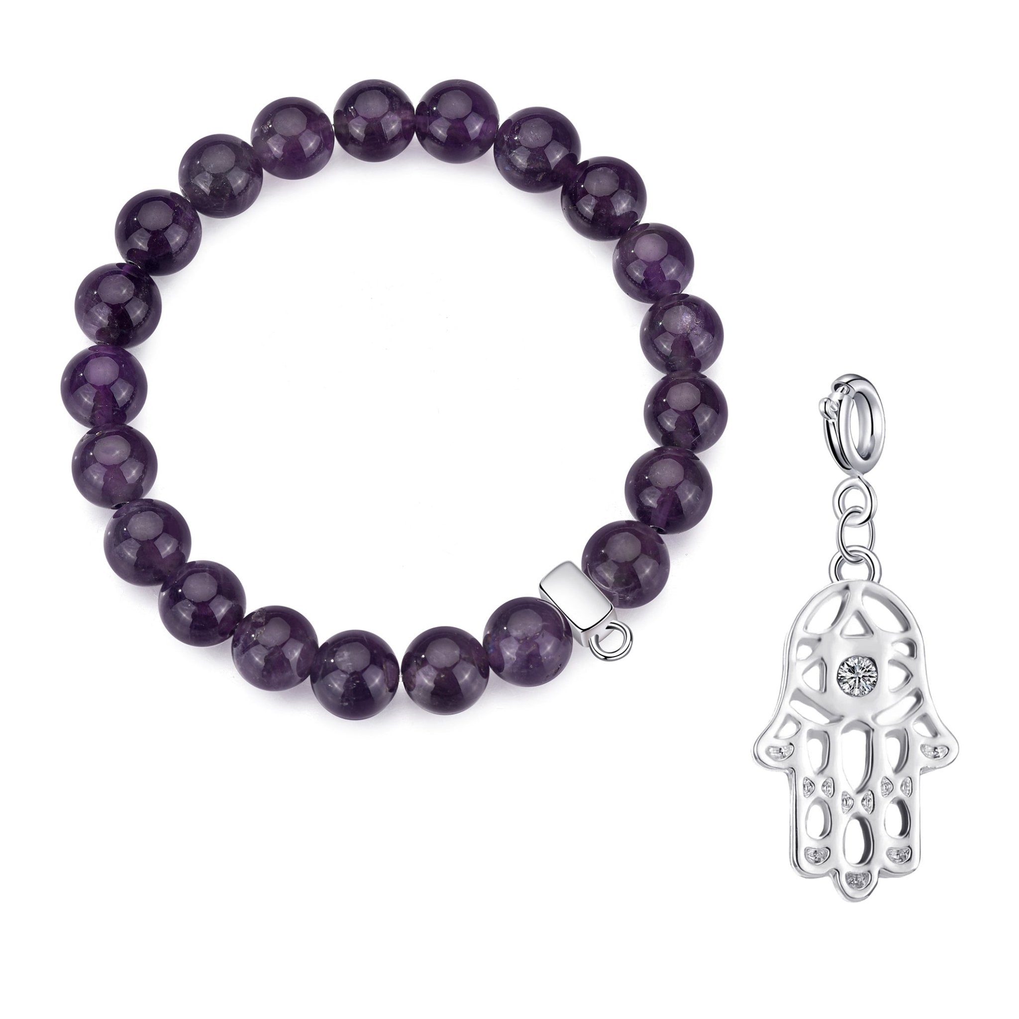 Amethyst Gemstone Stretch Bracelet with Charm Created with Zircondia® Crystals
