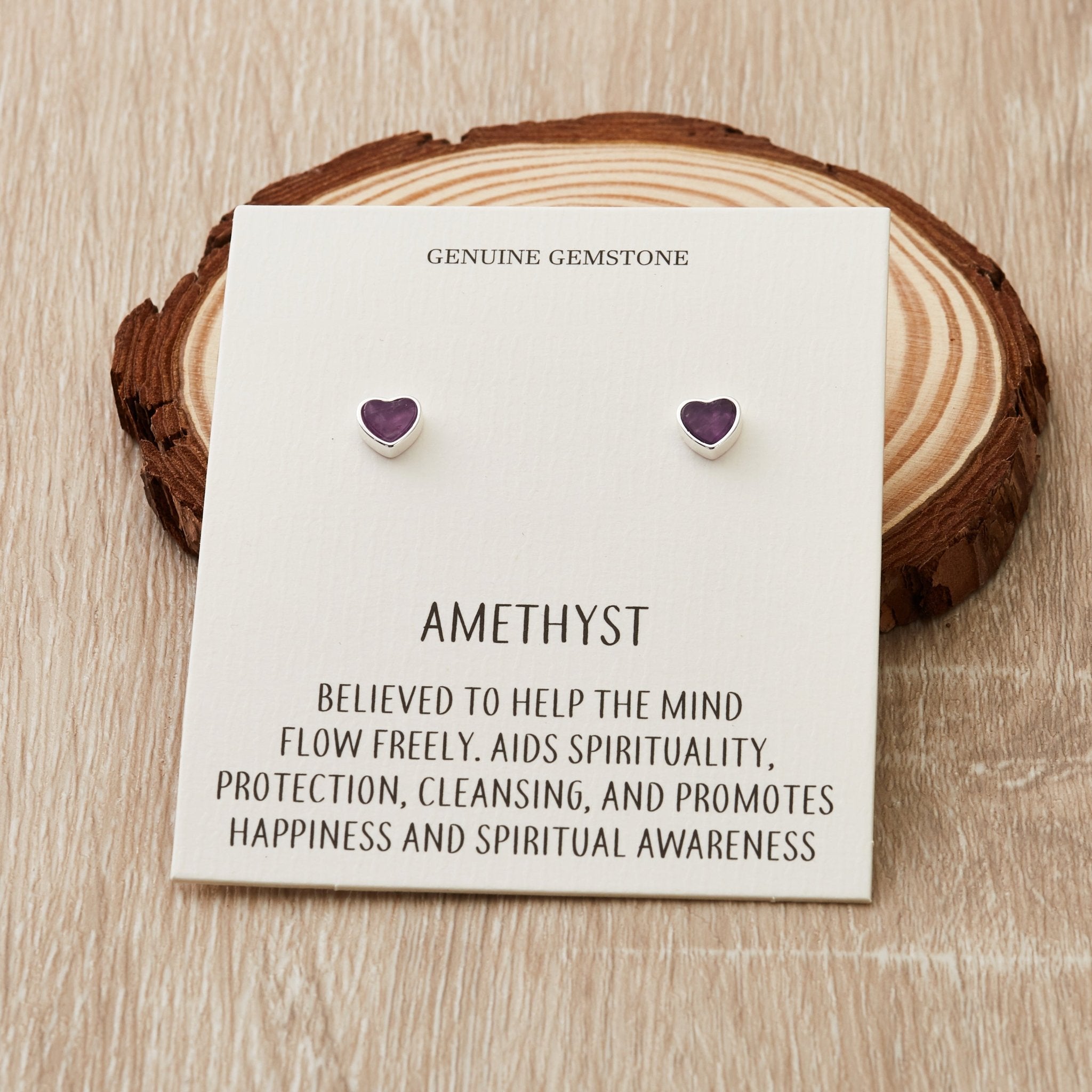 Amethyst Heart Stud Earrings with Quote Card