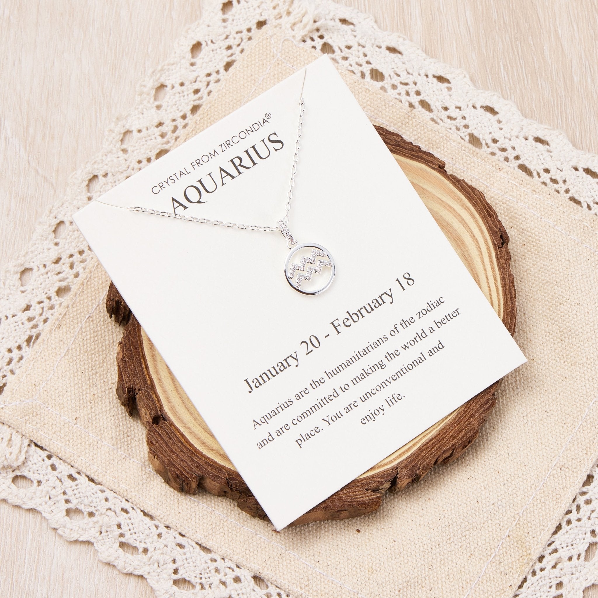 Aquarius Star Sign Zodiac Necklace and Quote Card with Zircondia® Crystals