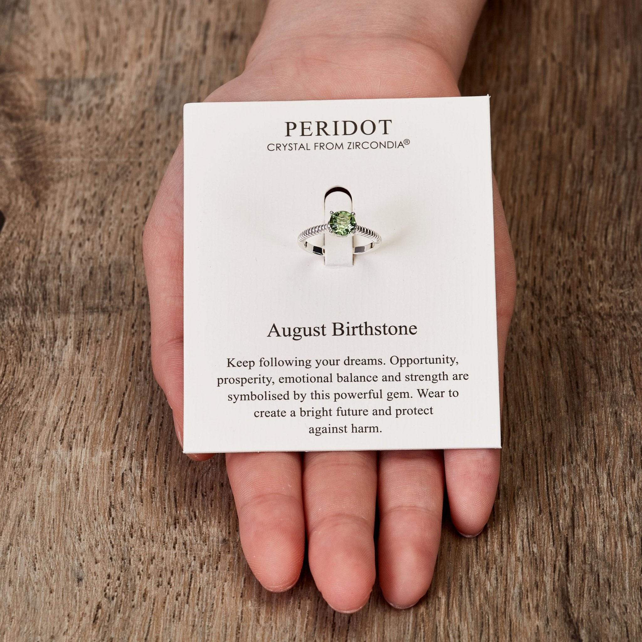 August (Peridot) Adjustable Birthstone Ring Created with Zircondia® Crystals