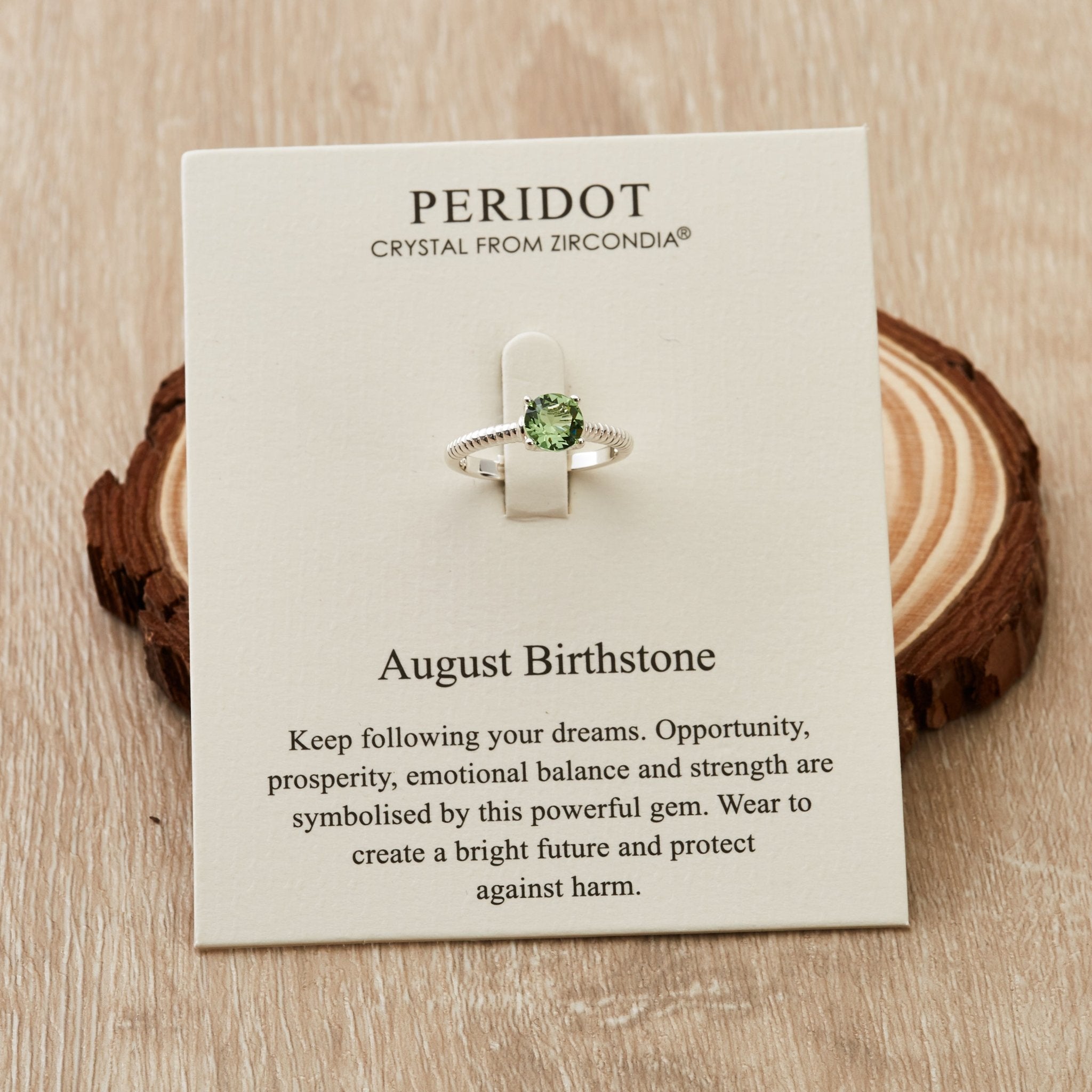August (Peridot) Adjustable Birthstone Ring Created with Zircondia® Crystals