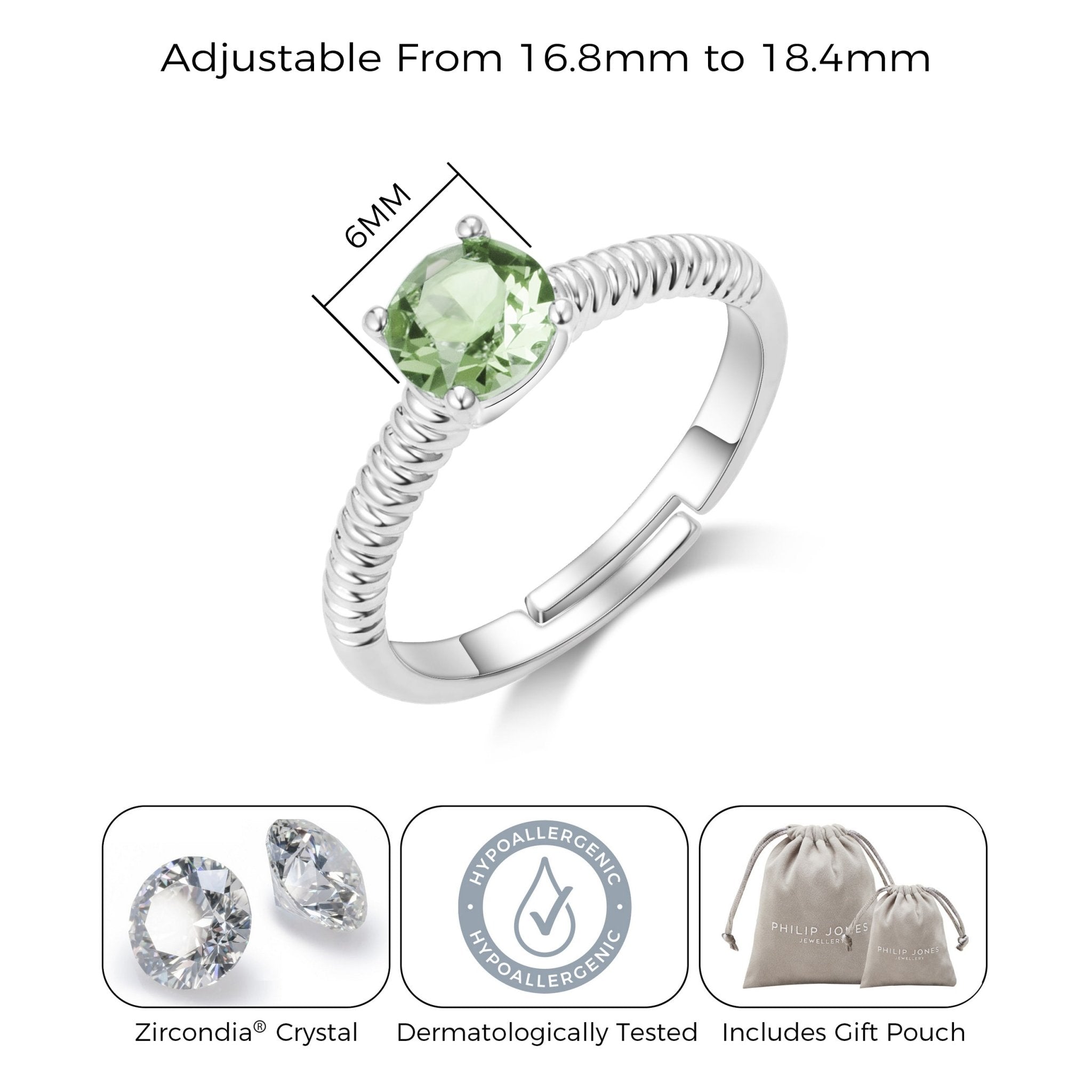 August (Peridot) Adjustable Birthstone Ring Created with Zircondia® Crystals