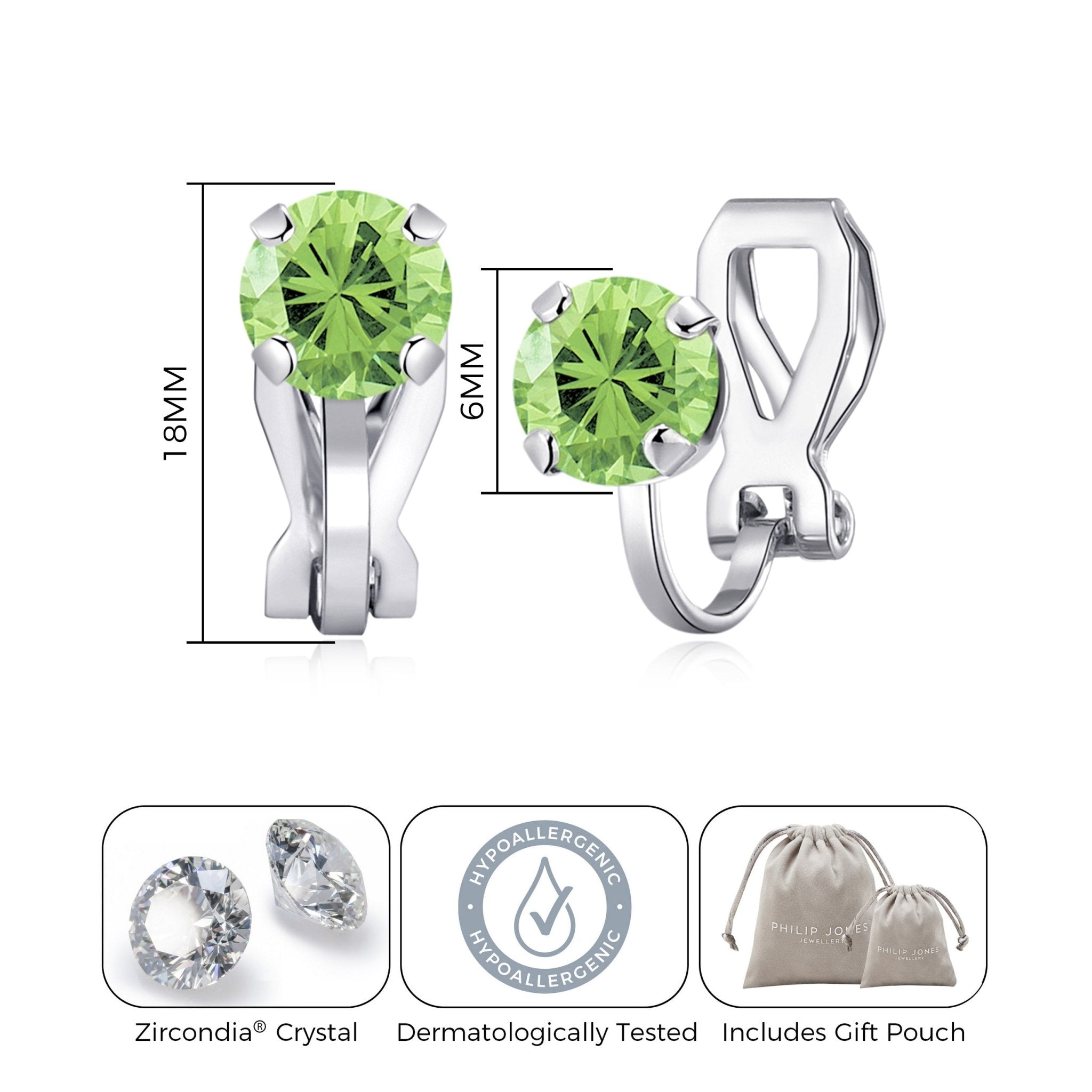 August (Peridot) Birthstone Clip On Earrings Created with Zircondia® Crystals