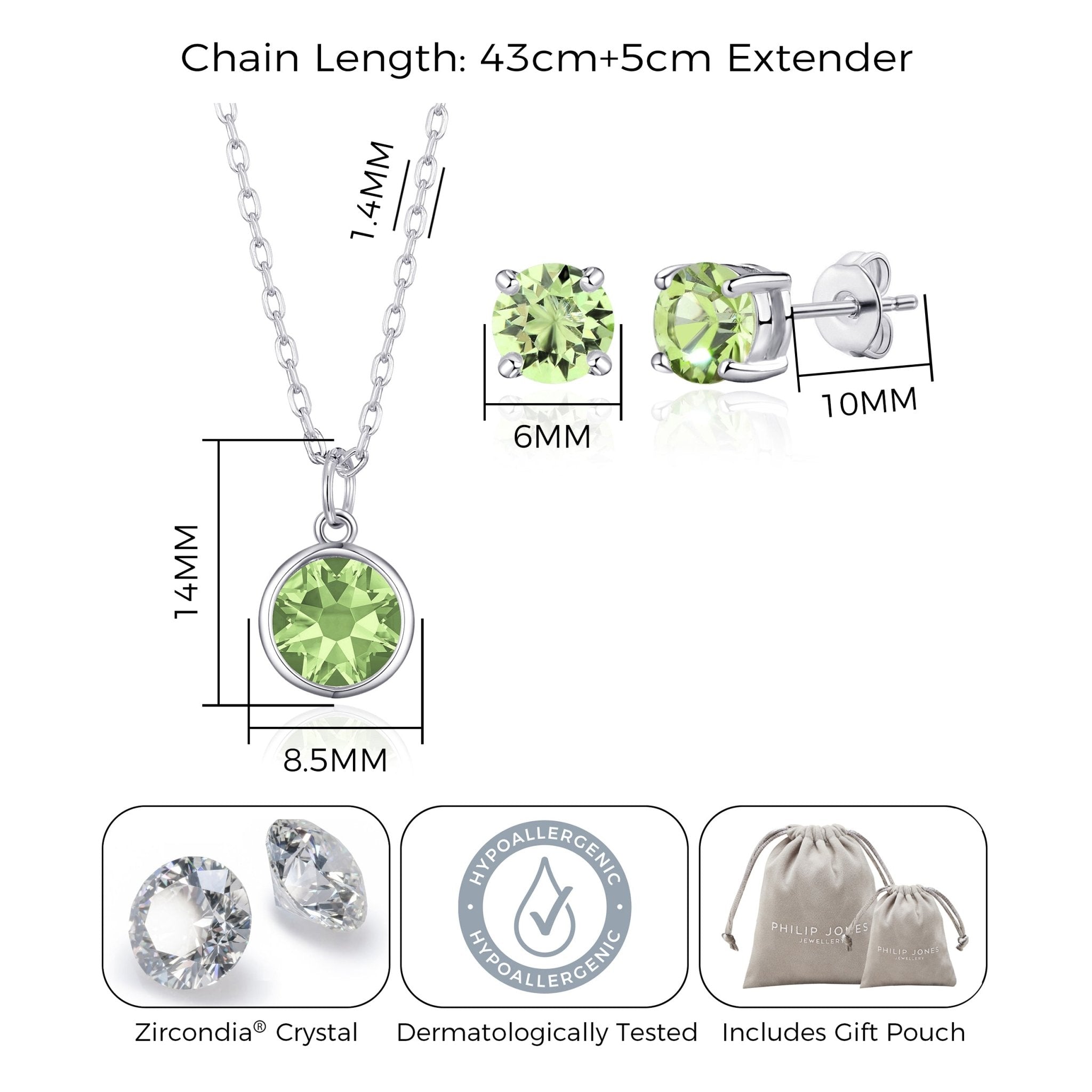 August (Peridot) Birthstone Necklace & Earrings Set Created with Zircondia® Crystals
