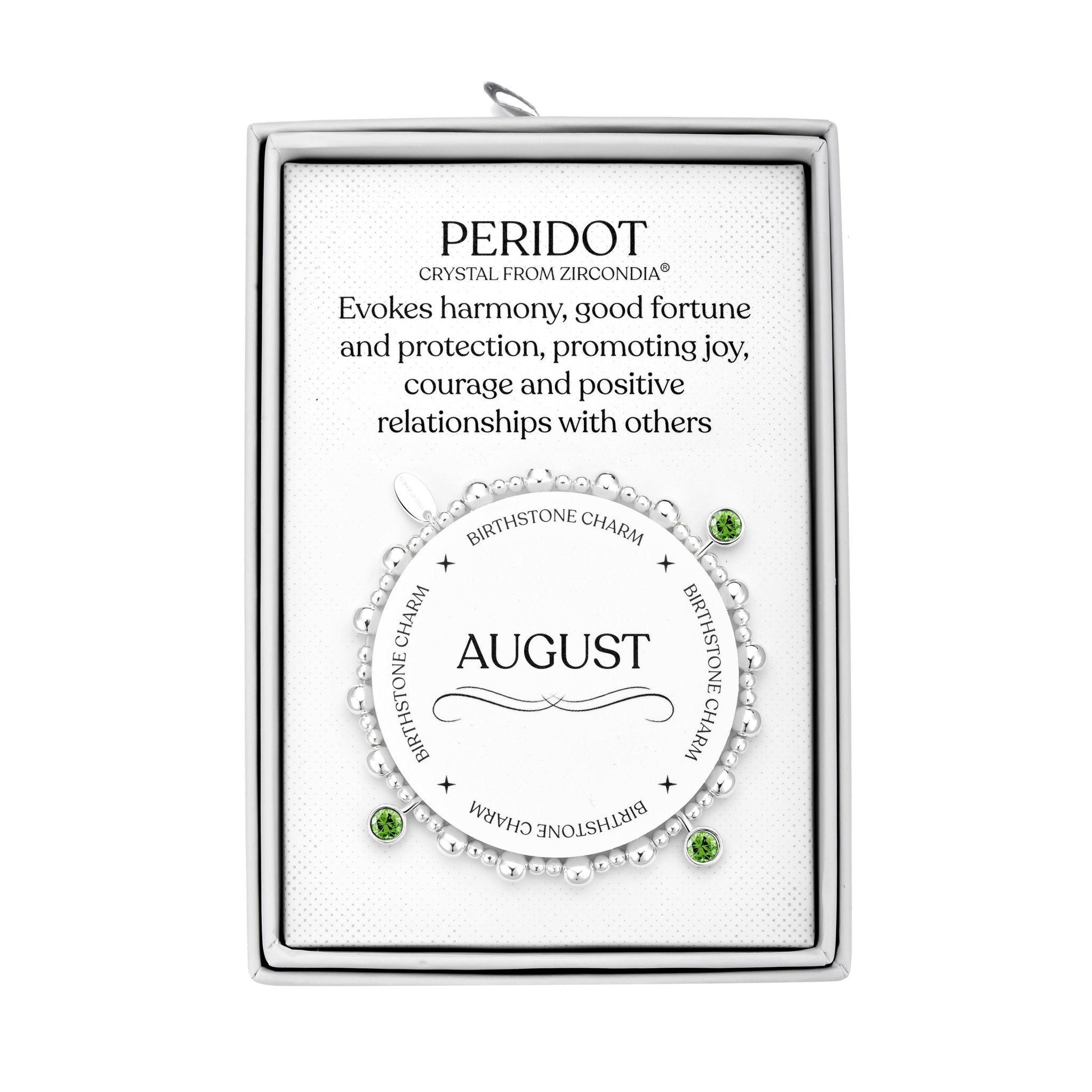 August (Peridot) Birthstone Stretch Charm Bracelet with Quote Gift Box