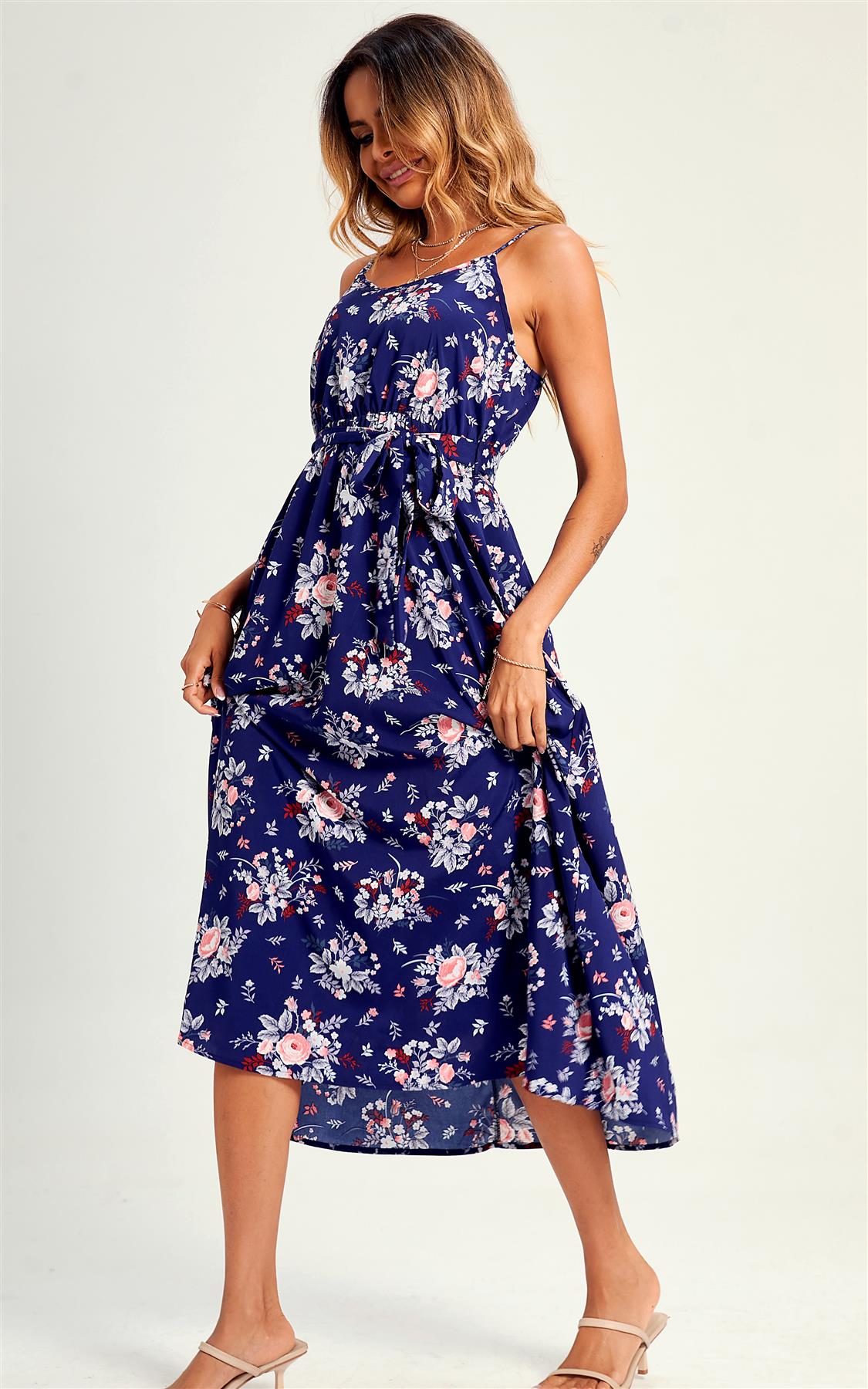 Flora Print Strap Midi Dress In Blue