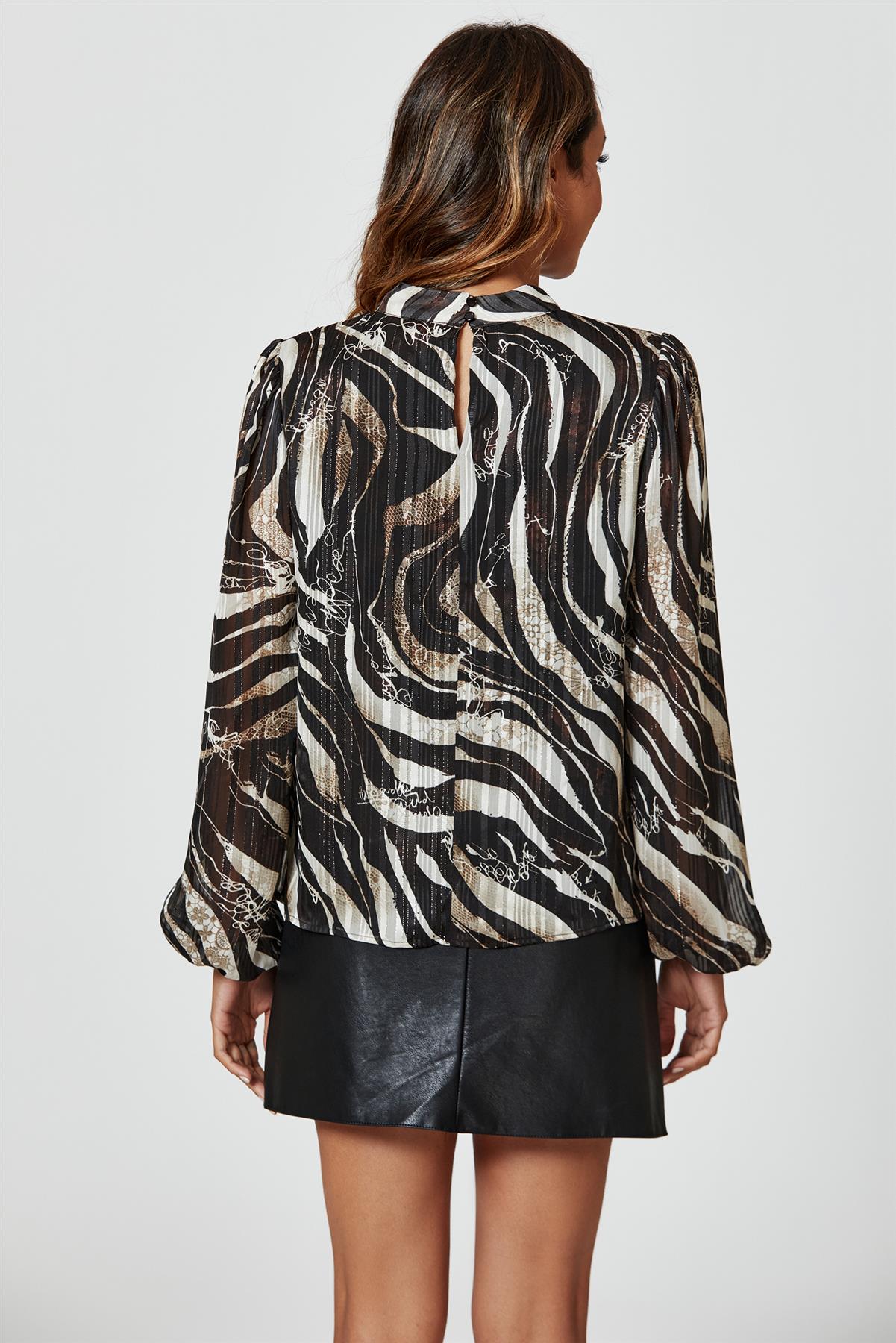 Silver Thread Zebra Print Long Sleeve Blouse Top In Black