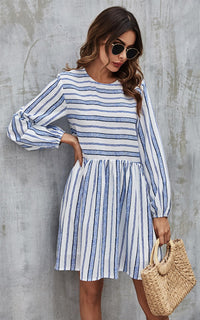 Blue Stripe Print Long Sleeve Smock Dress In White