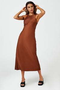 Slim-Fit Satin Midi Dress In Brown