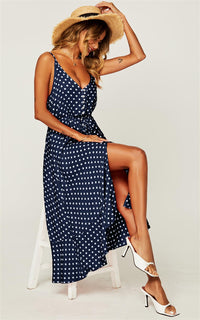 Button Down High Low Strappy Dress In Navy & White Polka Dot