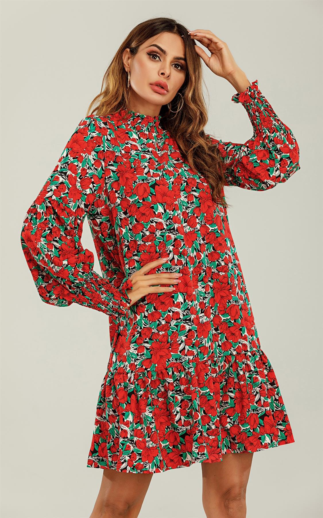 Frill Detail High Neck Shift Dress In Red & Green Floral