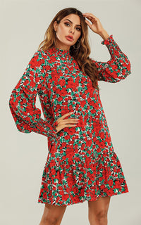 Frill Detail High Neck Shift Dress In Red & Green Floral