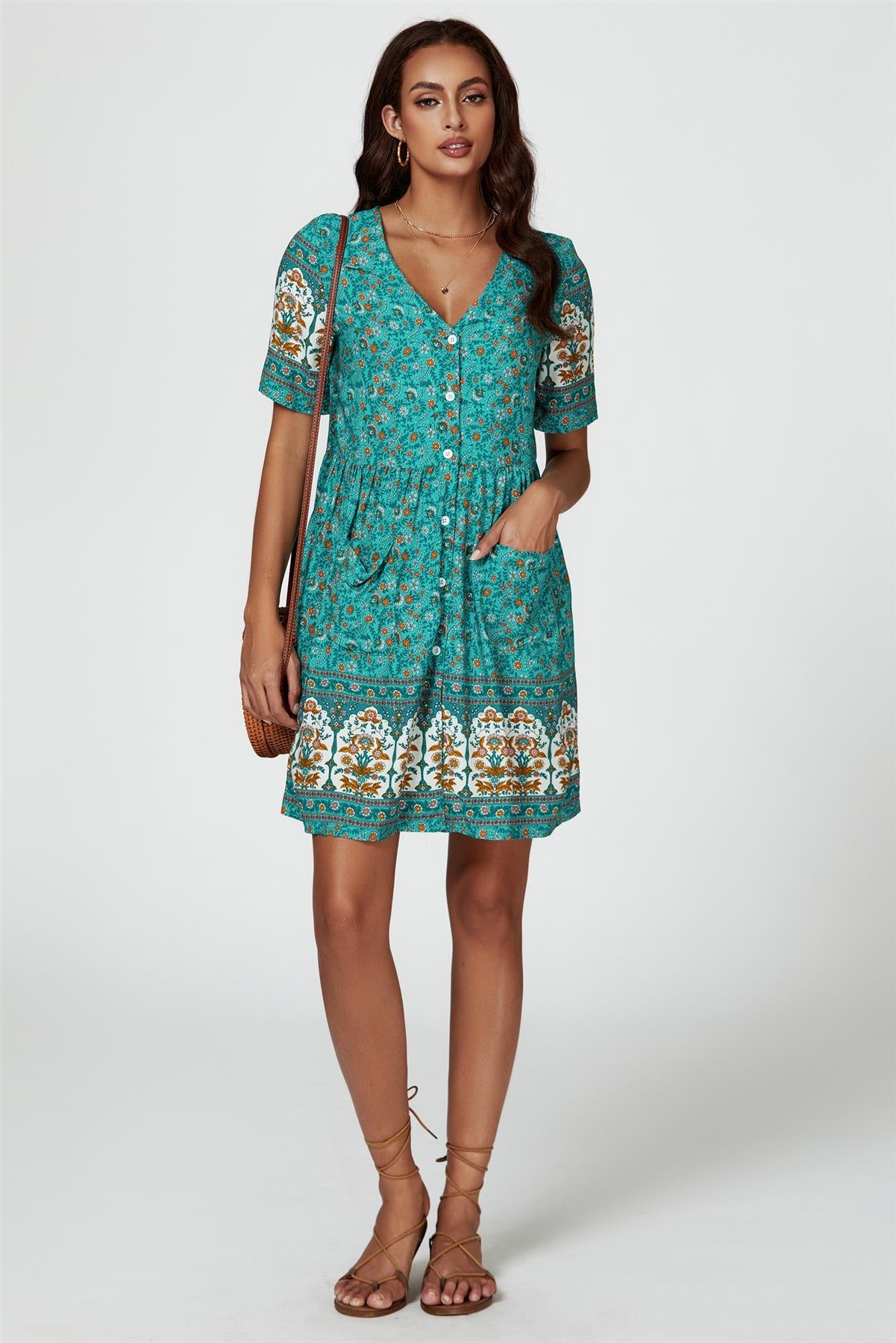 Print Boho Mini Dress In Green