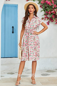 Floral Print Short Sleeve Shirt Midi Dress In Pink