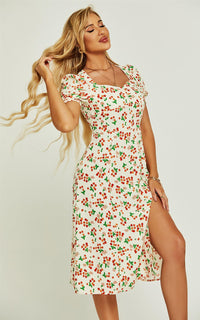 Red Cherry Print Tie Front Slip Leg Dress In Beige