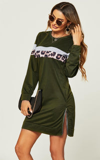 Relaxed Tunic Sweatshirt Mini Dress With White Animal Stripe In Olive Green