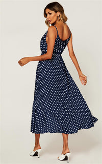 Button Down High Low Strappy Dress In Navy & White Polka Dot