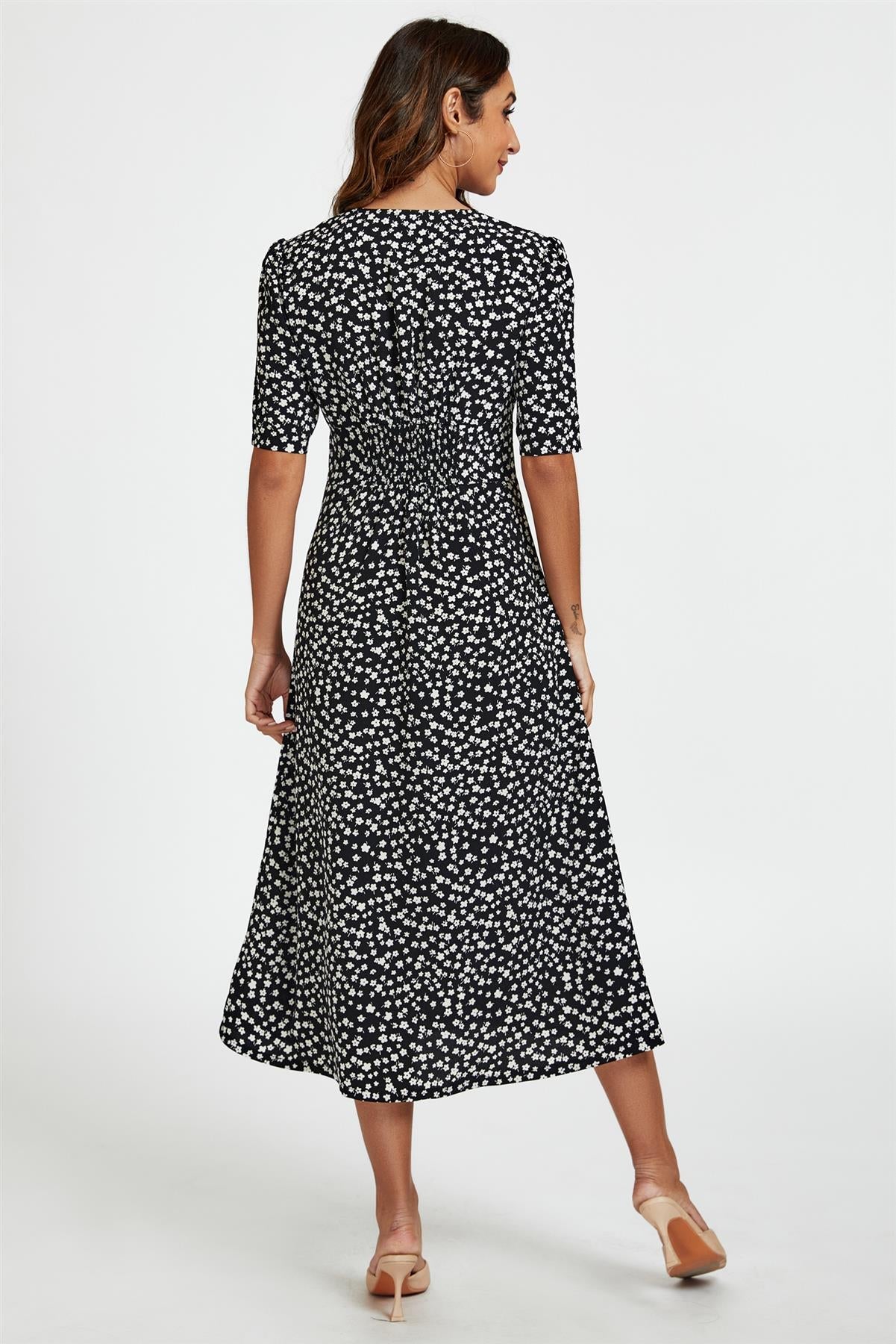Little Floral Print Button Front Midi Dress In Black