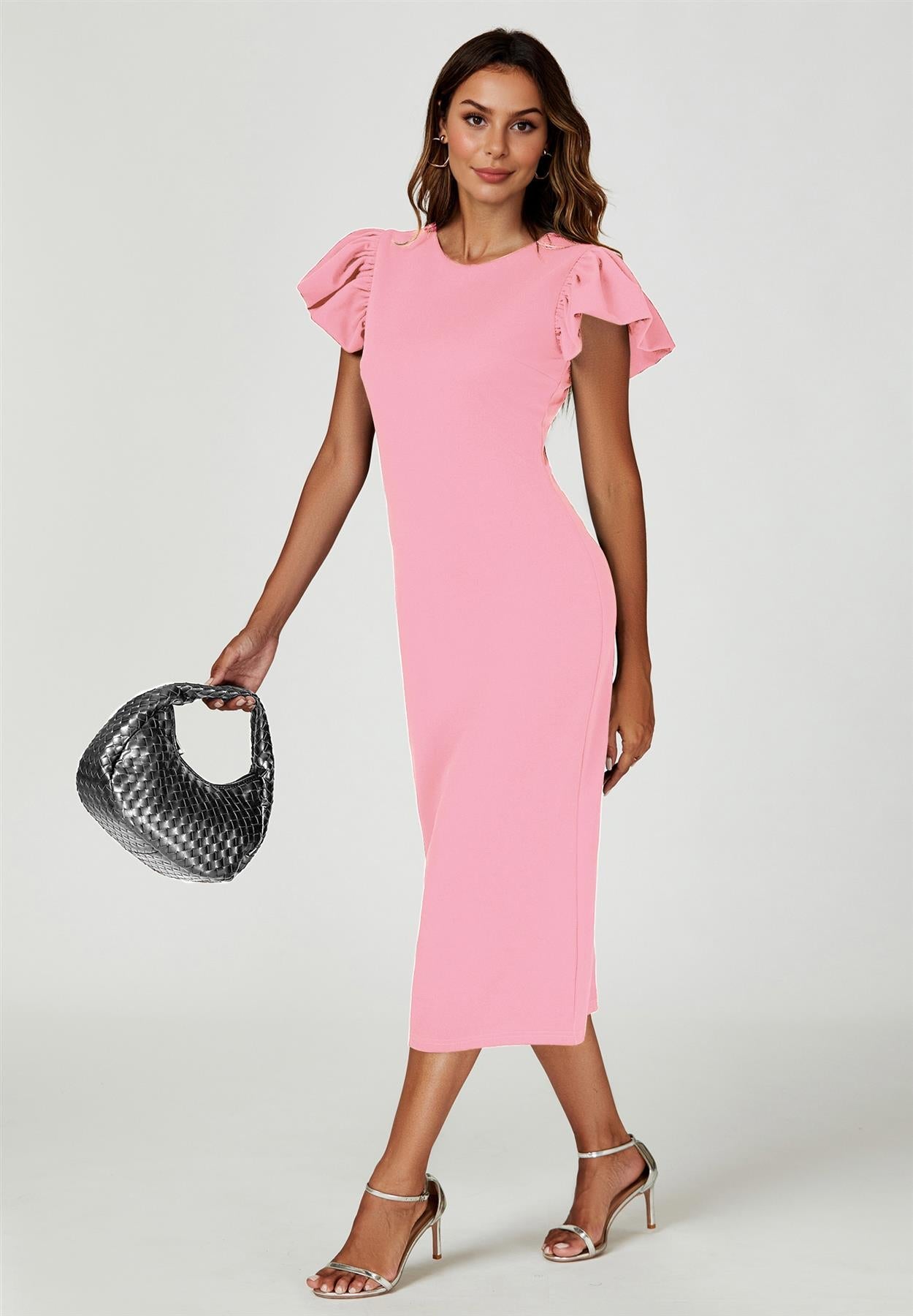 Volume Sleeve Bodycon Midi Dress In Pink