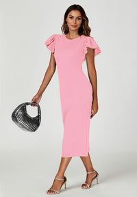 Volume Sleeve Bodycon Midi Dress In Pink