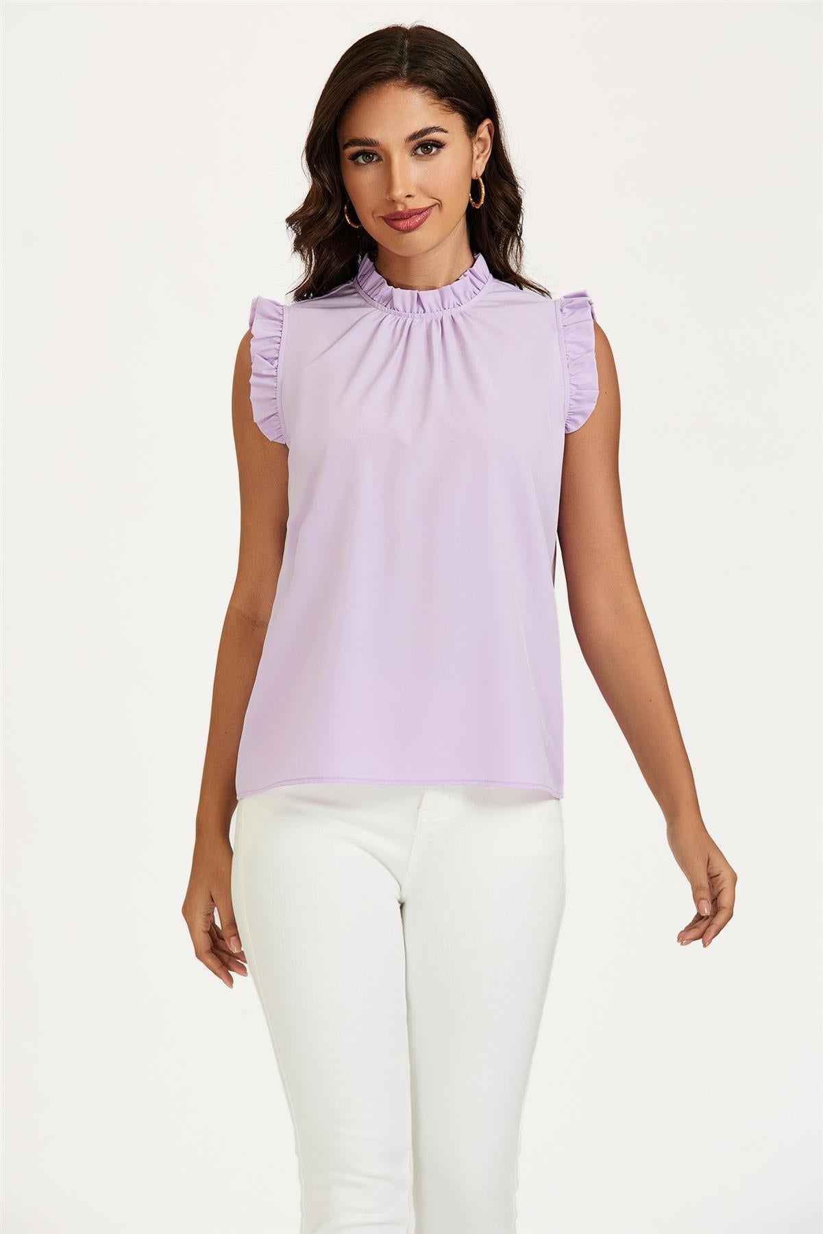 Frill Trim Sleeve Frill Neck Blouse Top In Light Purple