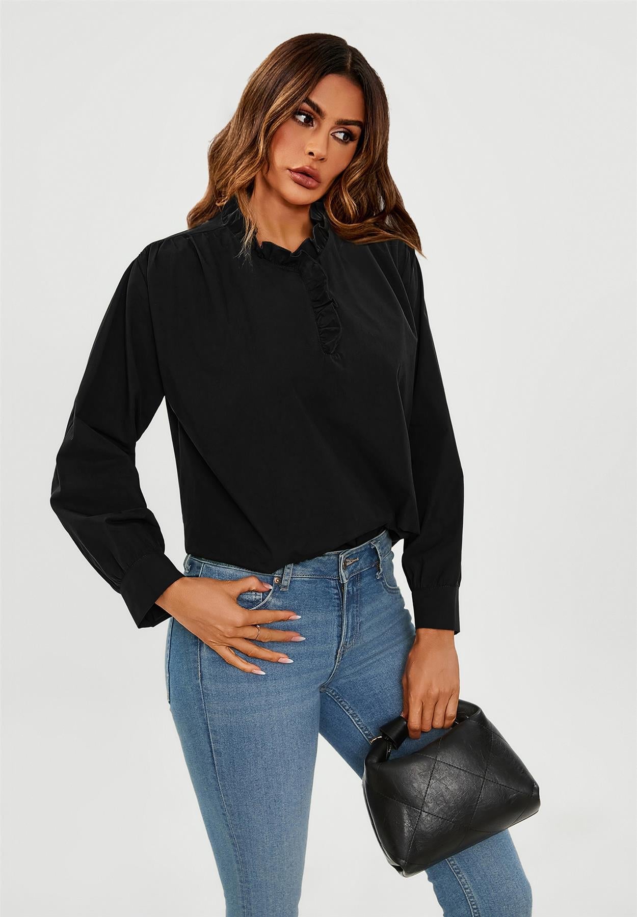 Cotton Frill High Neck Long Sleeve Blouse In Black