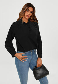 Cotton Frill High Neck Long Sleeve Blouse In Black