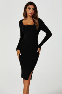 Long sleeved Knit Midi Dress In Black
