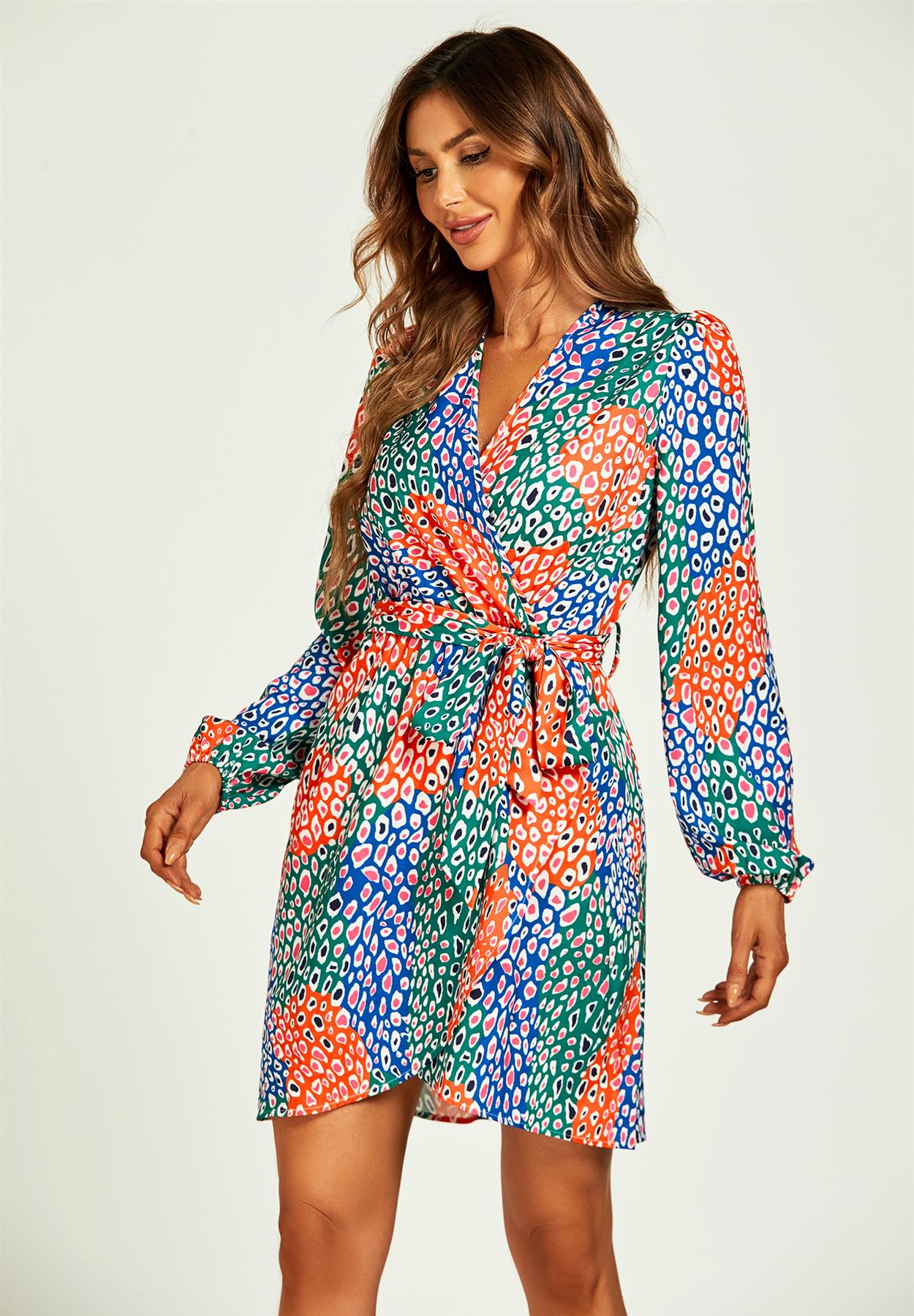 Leopard Print Wrap Mini Dress In Blue