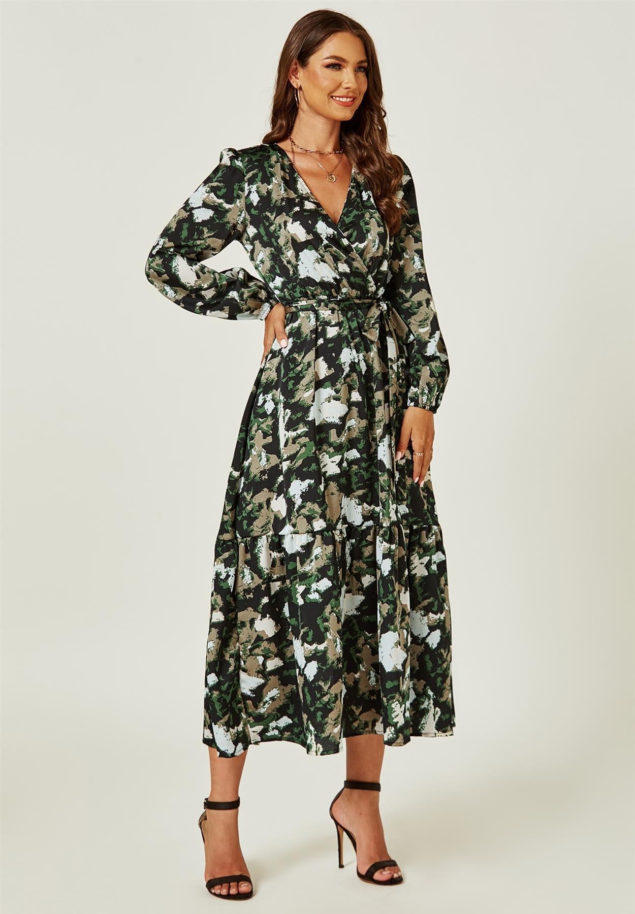 Long Sleeve Wrap Midi Dress In Black Print