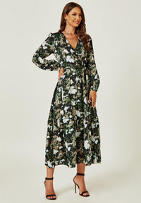 Long Sleeve Wrap Midi Dress In Black Print