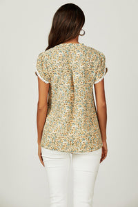 Floral Print Lace Trim Short Sleeve Blouse Top In Green Yellow