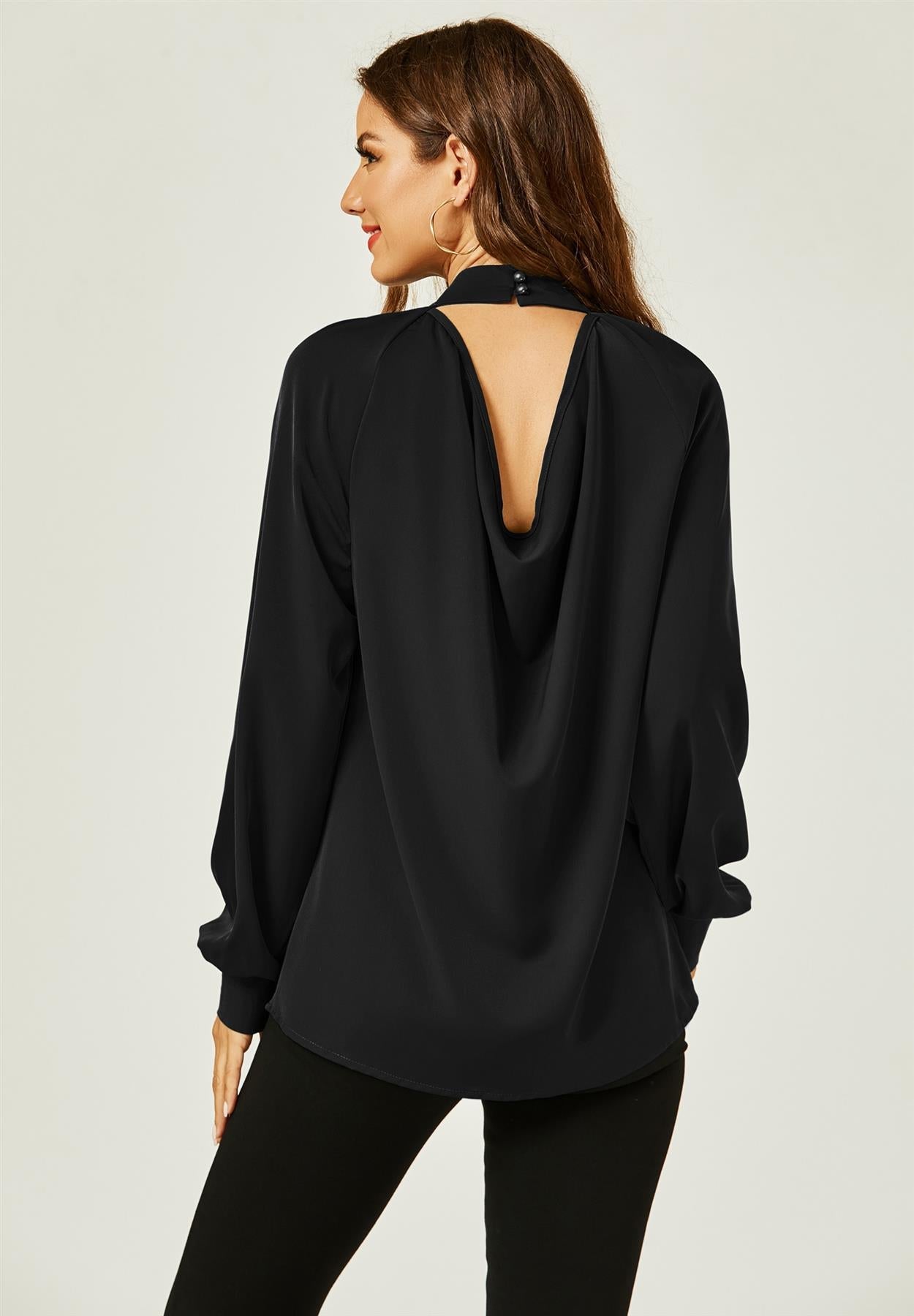 Halter Neck Long Sleeve Blouse Top In Black