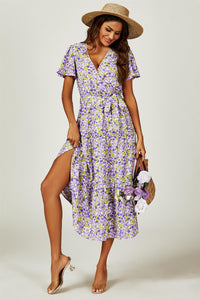 Floral Print Hem Tiered Wrap Midi Dress In Purple