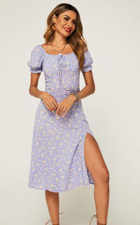 Tie Front Slip Leg Dress In Purple With Flora Print