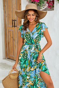 Floral Print Wrap Dress In Yellow & Green