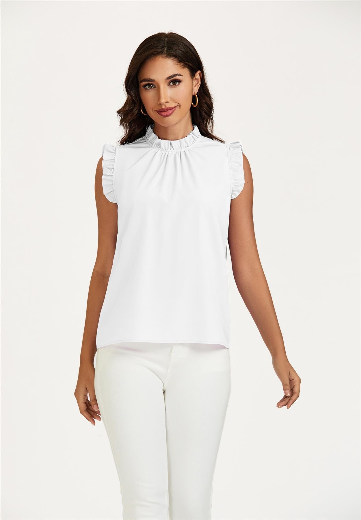 Frill Trim Sleeve Frill Neck Blouse Top In White