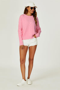 Cable Knit Crew Neck Jumper In Pink