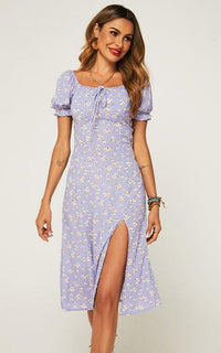 Tie Front Slip Leg Dress In Purple With Flora Print