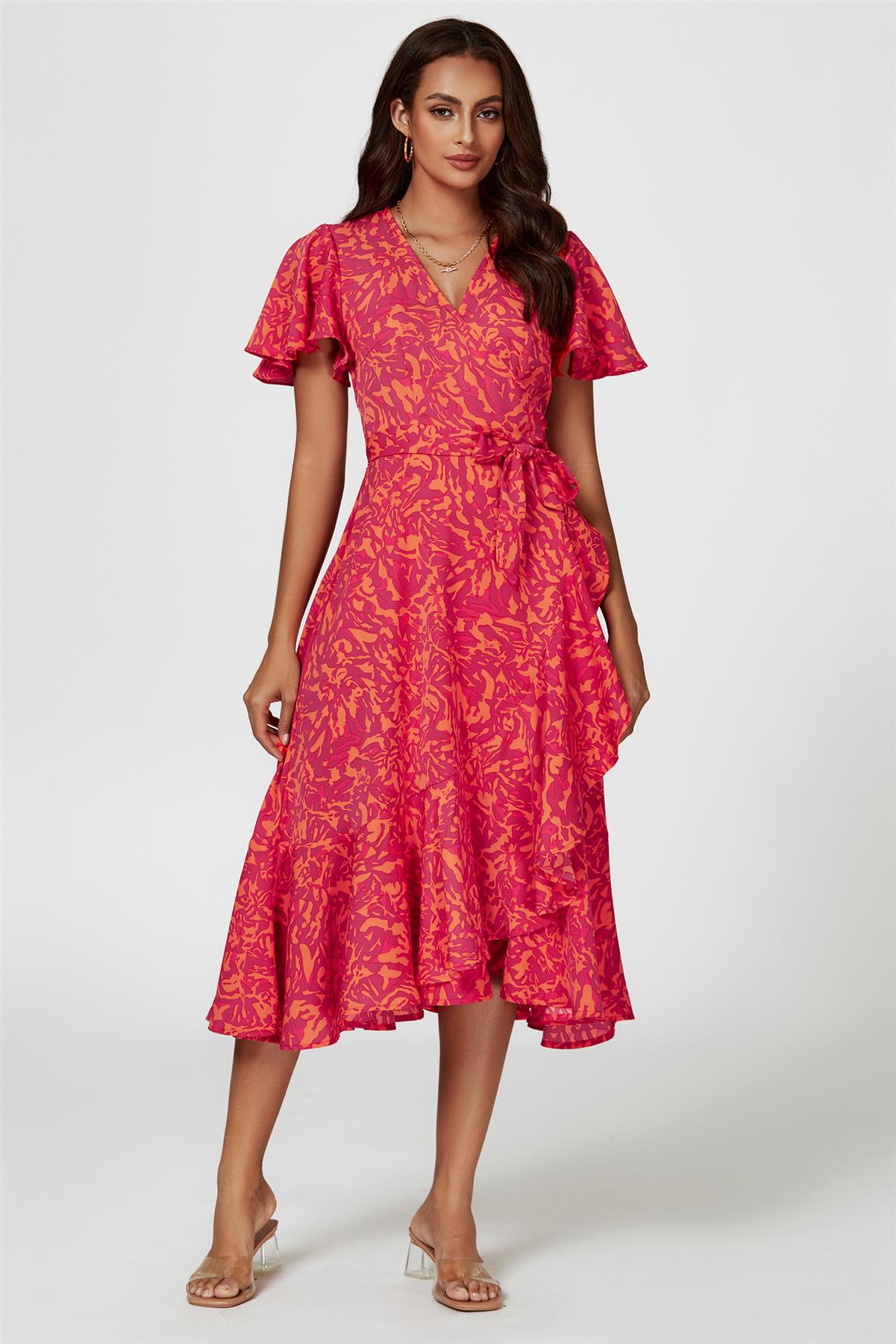 Abstract Print Midi Wrap Dress In Fuchsia