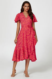 Abstract Print Midi Wrap Dress In Fuchsia